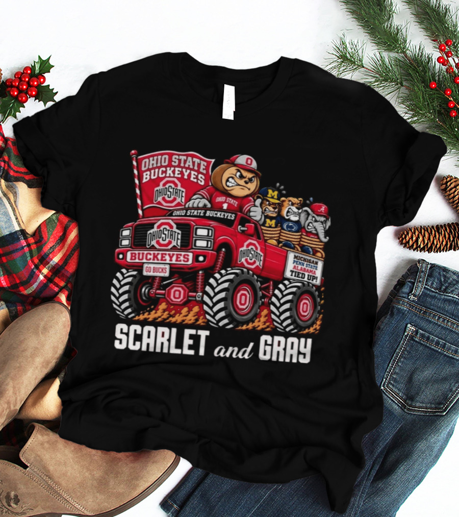 Ohio State Buckeyes 2026 Scarlet And Gray Monster Truck Rivalry Football T-Shirt
