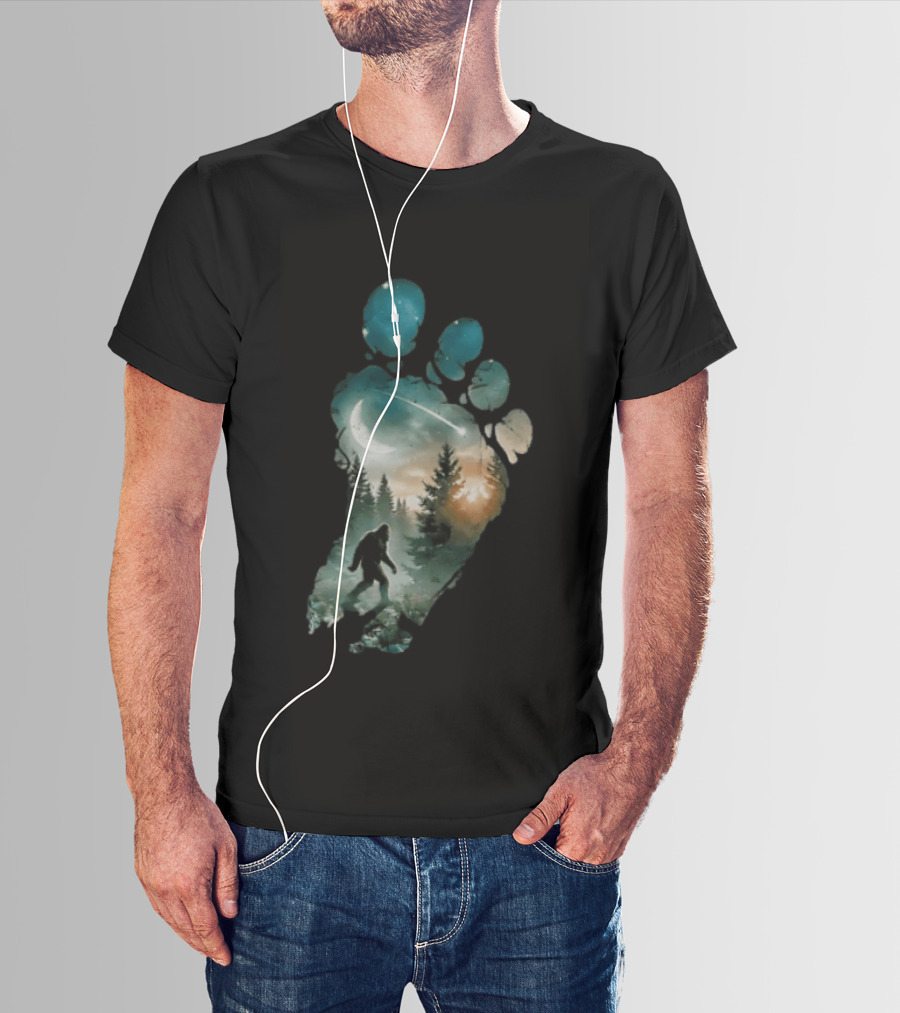 Bigfoot Footprint Moon Mountain Trees Forest Sasquatch Night Scene T-Shirt