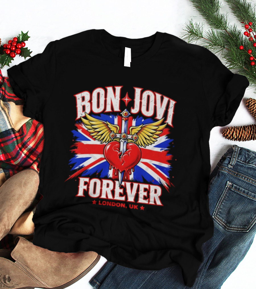 Bon Jovi Forever London UK Tour Union Jack Heart And Dagger Wings T-Shirt