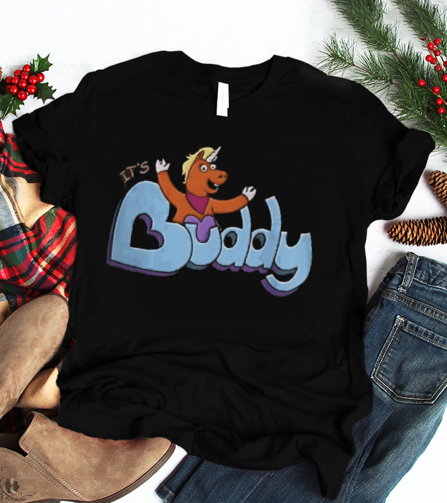 Its Buddy Cartoon Orange Unicorn Horse Purple Scarf Raised Arms T-Shirt