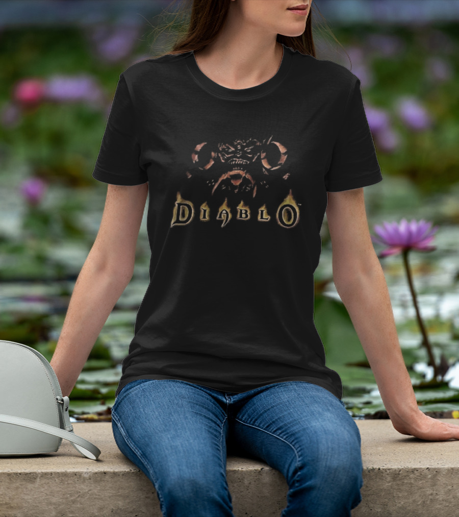 Diablo Distressed Crimson Flaming Demon Horned T-Shirt