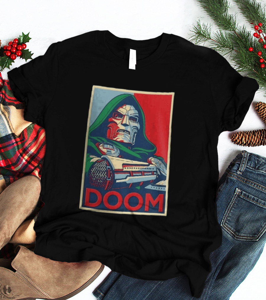 Doom Supervillain Mask Hooded Armored Gauntlets Red Blue T-Shirt