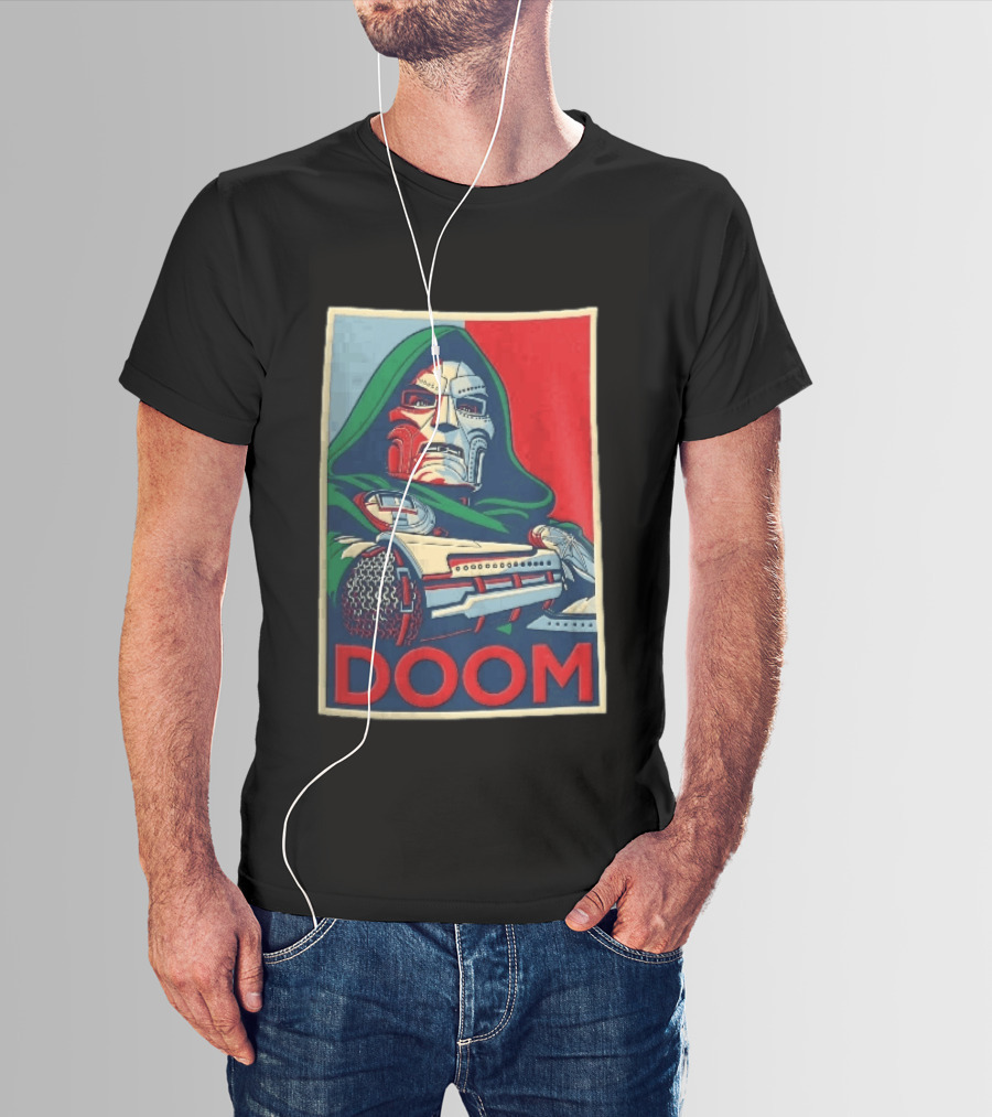 Doom Supervillain Mask Hooded Armored Gauntlets Red Blue T-Shirt