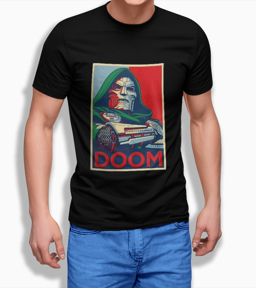 Doom Supervillain Mask Hooded Armored Gauntlets Red Blue T-Shirt