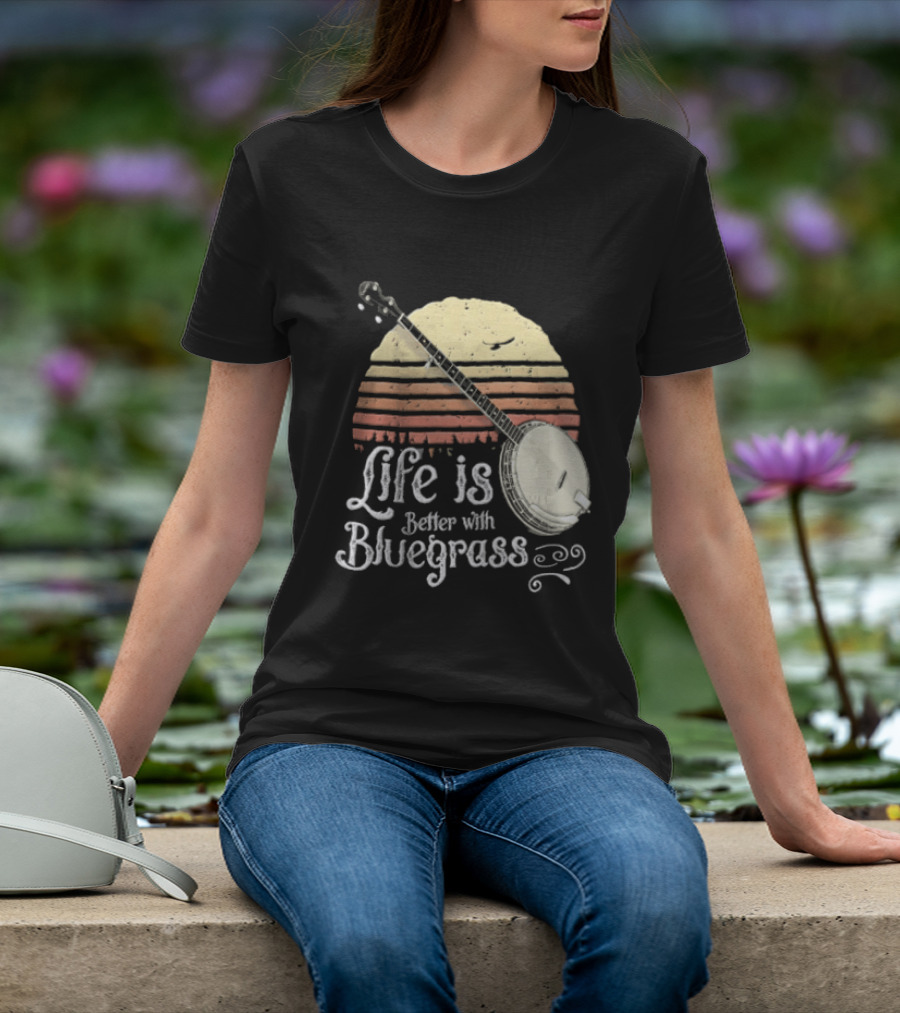 Life Is Better With Bluegrass Vintage Sunset Banjo T-Shirt