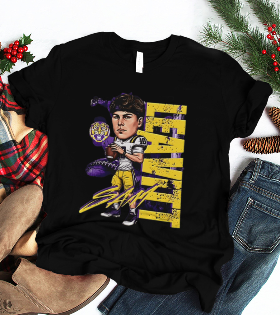Sam Levis LSU Tigers Football Player Caricature Leavitt 18 Signature T-Shirt