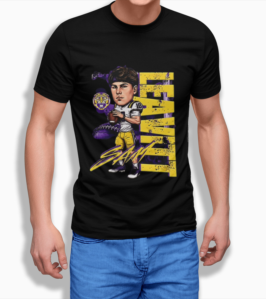 Sam Levis LSU Tigers Football Player Caricature Leavitt 18 Signature T-Shirt