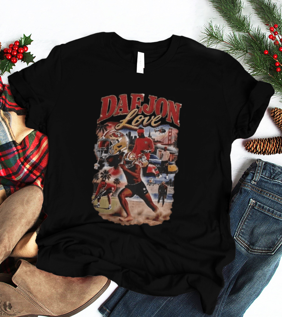 San Francisco 49ers Daejon Love Collage Running Barefoot Beach Player Photos T-Shirt