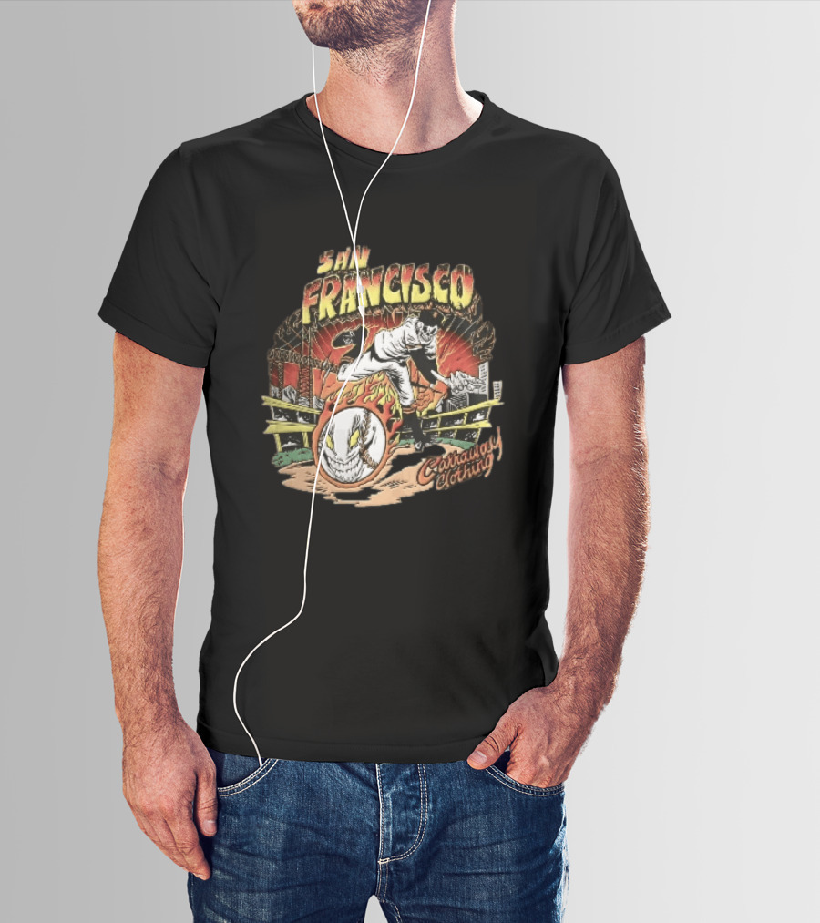 San Francisco Giants Skeleton Pitcher Flaming Baseball Golden Gate Bridge Carraway Clothing T-Shirt