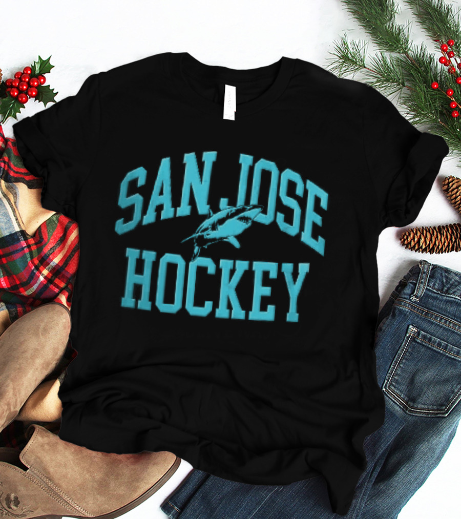 San Jose Hockey Great White Shark Arched Teal Halftone T-Shirt