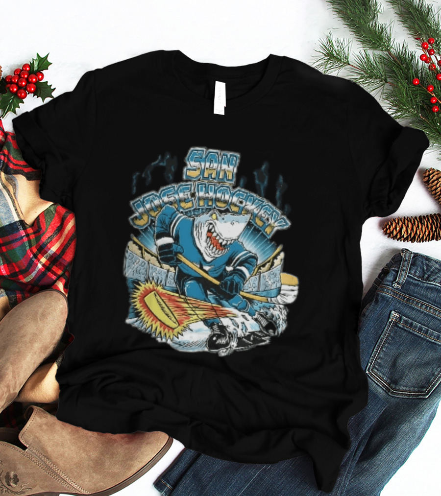 San Jose Hockey Cartoon Skating Shark Flaming Puck Ice Rink T-Shirt