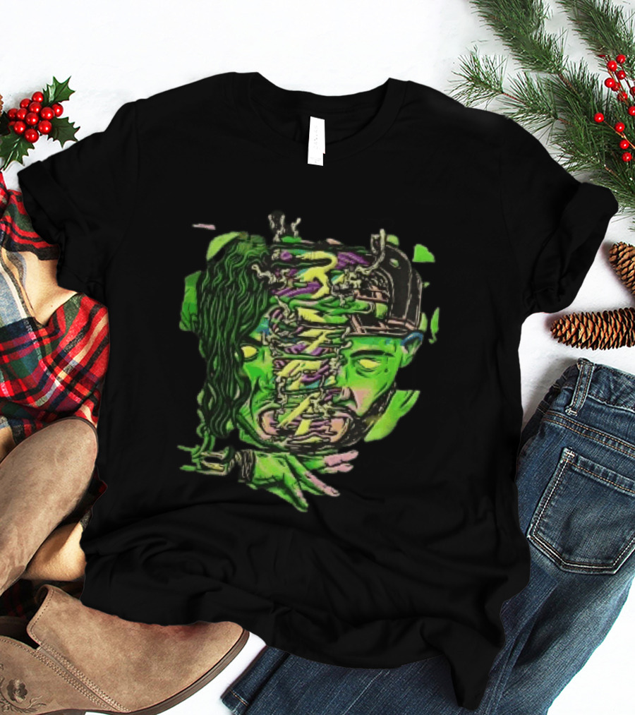 Split Green Head Glowing Yellow Eyes Neon Cartoon Halftone T-Shirt