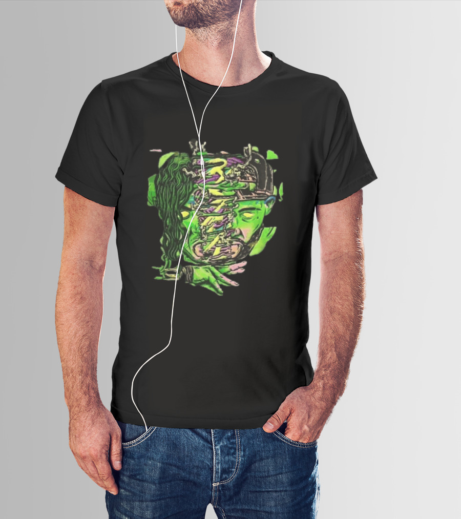 Split Green Head Glowing Yellow Eyes Neon Cartoon Halftone T-Shirt