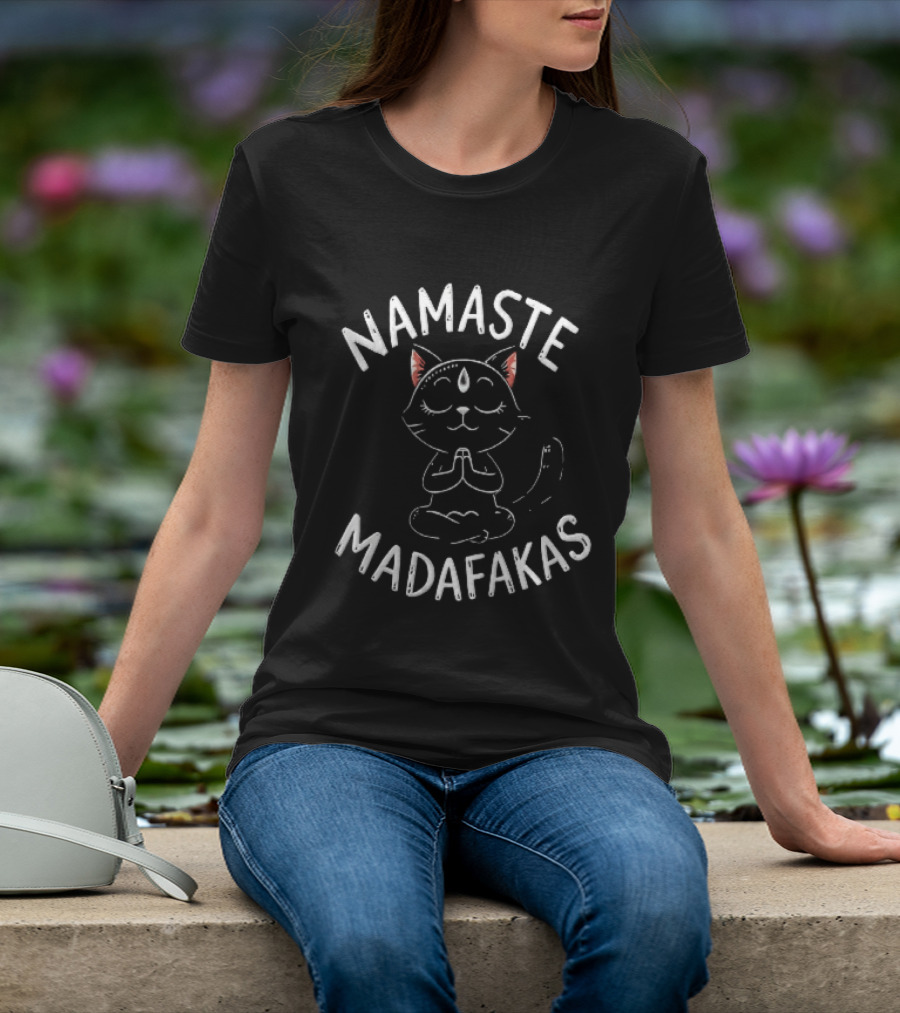 Namaste Madafakas Meditating Black Cat Lotus Pose T-Shirt