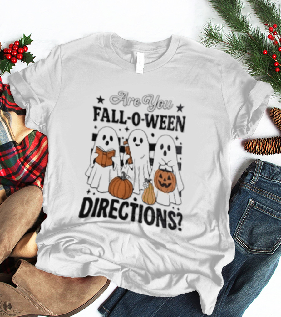 Are You Fall O Ween Directions With Ghosts Reading Books And Pumpkins T-Shirt