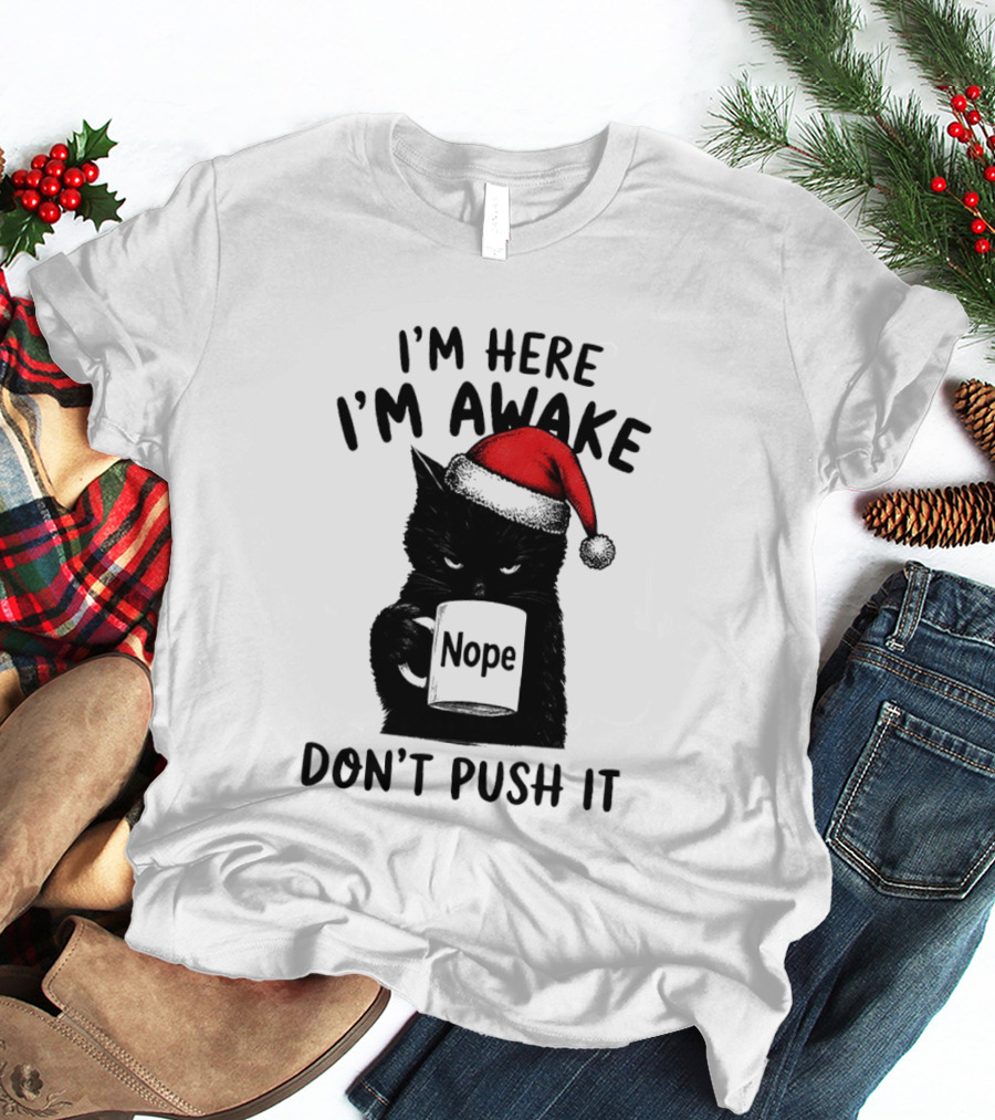 Black Cat Santa I'm Here I'm Awake Nope Don't Push It Holiday T-Shirt