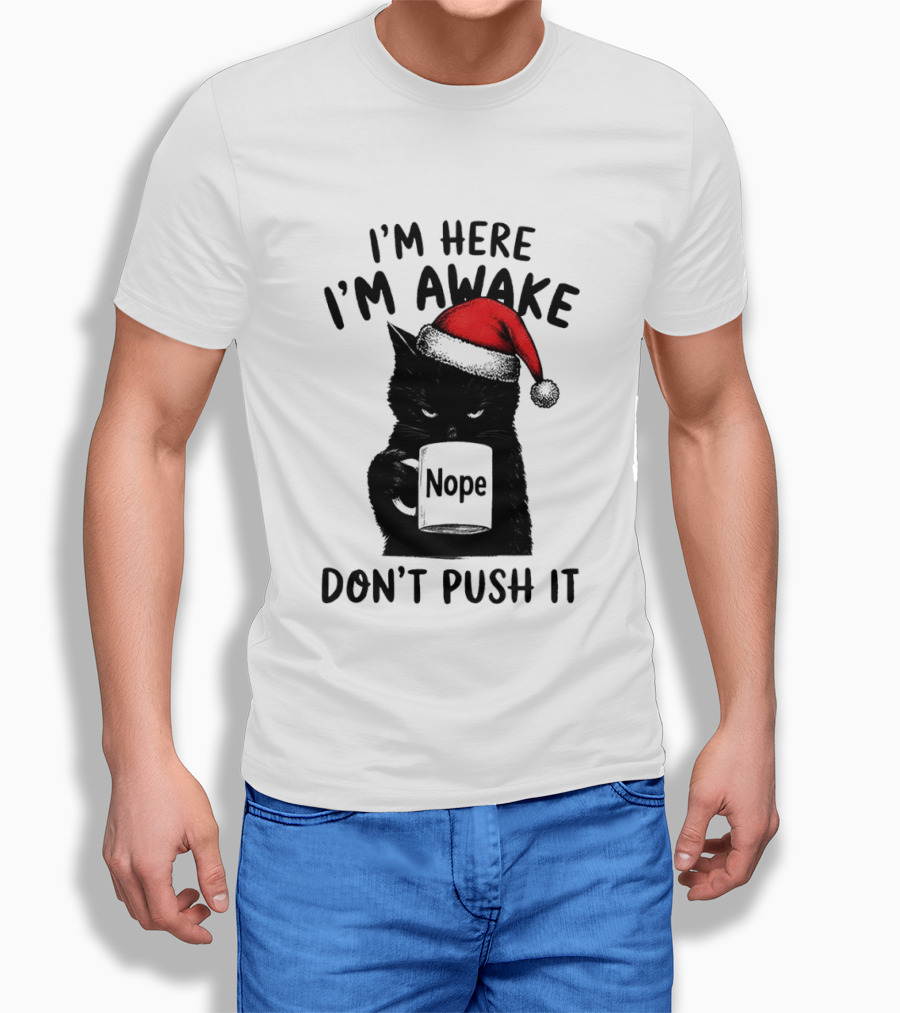 Black Cat Santa I'm Here I'm Awake Nope Don't Push It Holiday T-Shirt