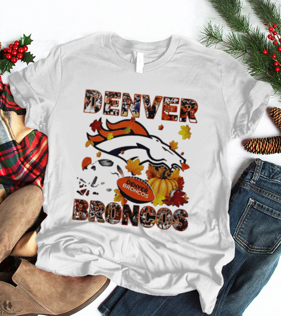 Denver Broncos Football Autumn Fall Leaves Pumpkin Halloween 2026 T-Shirt
