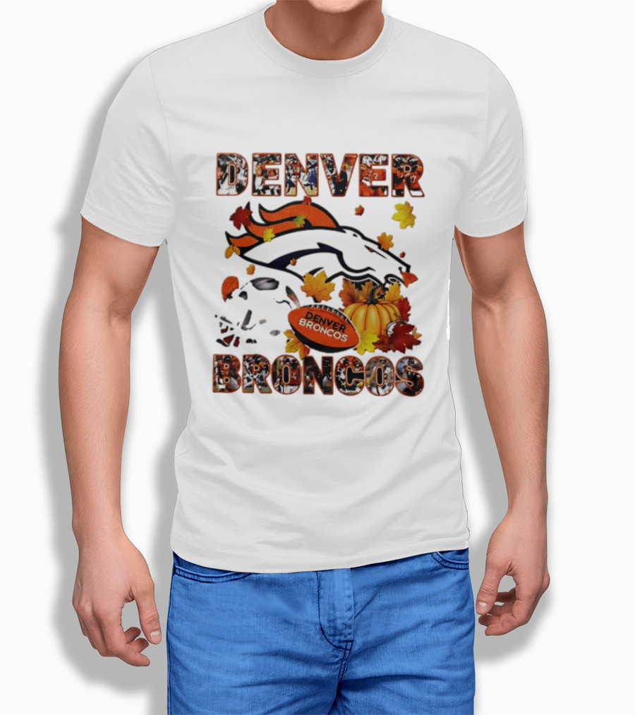 Denver Broncos Football Autumn Fall Leaves Pumpkin Halloween 2026 T-Shirt