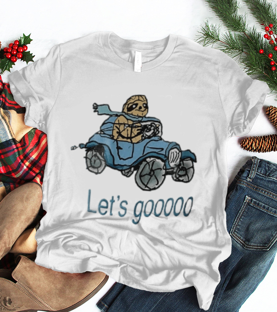 Let's Gooooo Cartoon Sloth Scarf Driving Blue Car Sketch T-Shirt