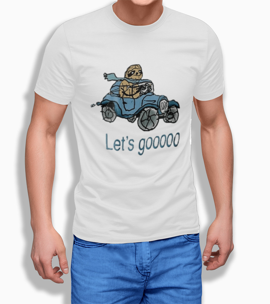 Let's Gooooo Cartoon Sloth Scarf Driving Blue Car Sketch T-Shirt