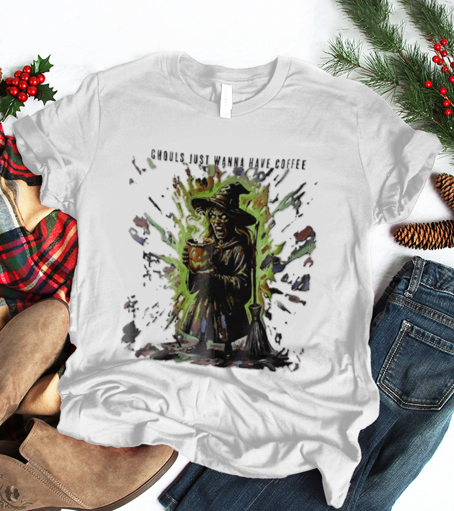 Ghouls Just Wanna Have Coffee Witch With Pumpkin And Broom Colorful Splatter T-Shirt