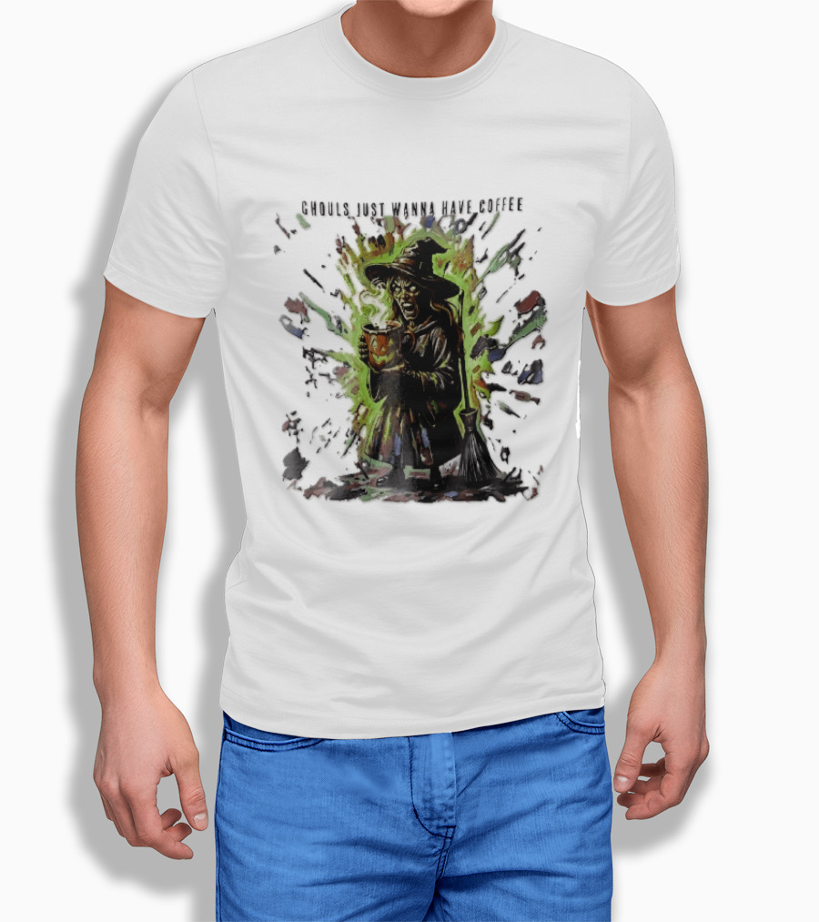 Ghouls Just Wanna Have Coffee Witch With Pumpkin And Broom Colorful Splatter T-Shirt