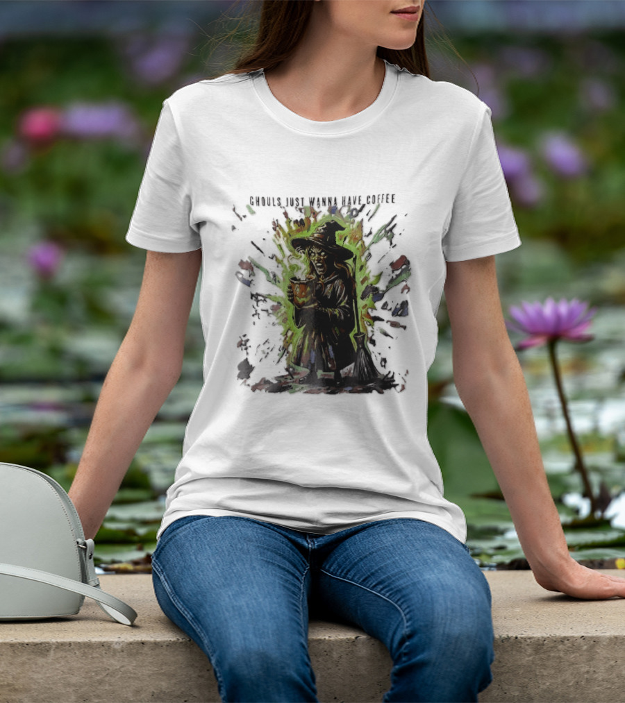 Ghouls Just Wanna Have Coffee Witch With Pumpkin And Broom Colorful Splatter T-Shirt