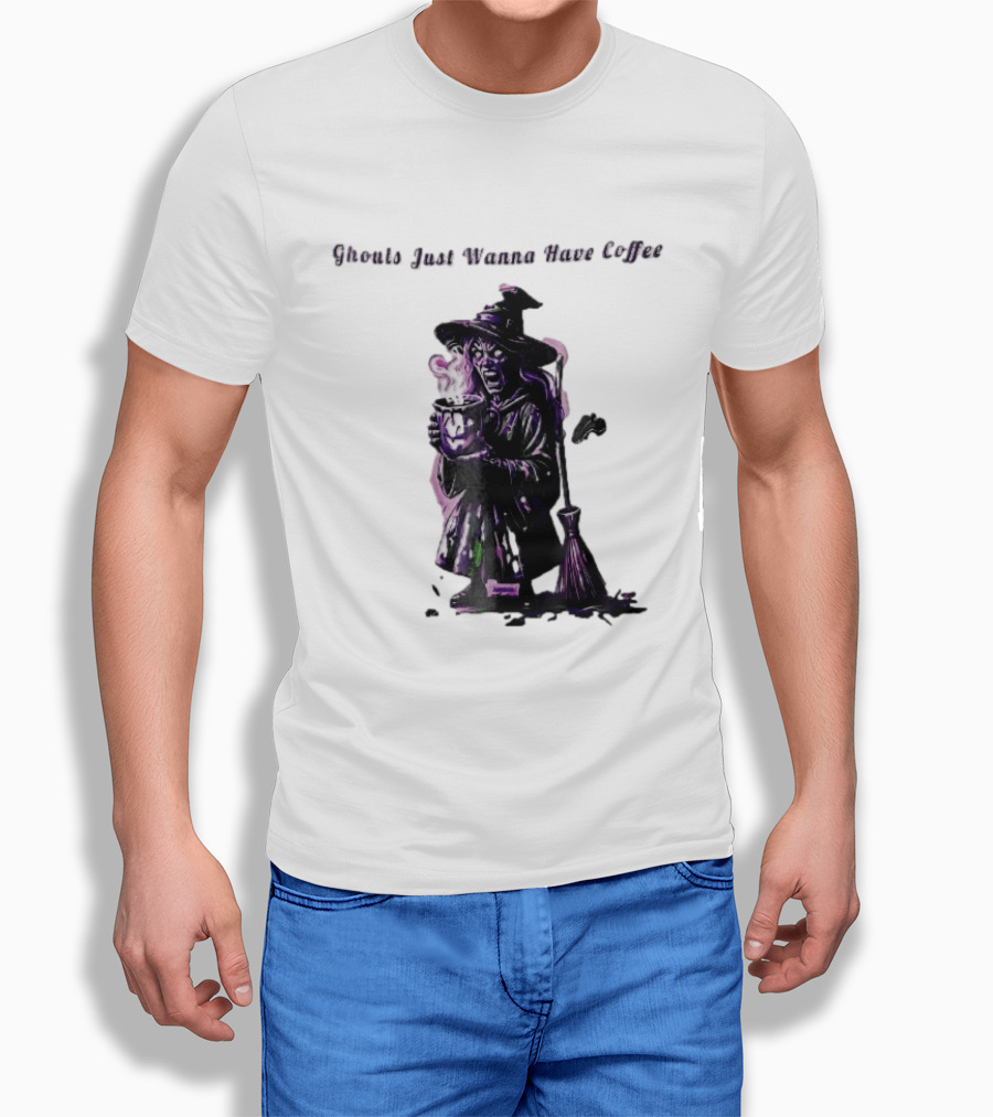Ghouls Just Wanna Have Coffee Witch Holding Steaming Broomstick T-Shirt