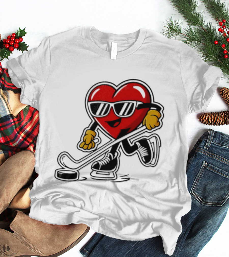 I Love Hockey Heart Character With Sunglasses And Stick T-Shirt
