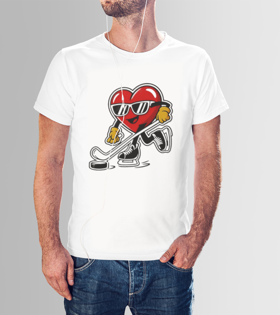 I Love Hockey Heart Character With Sunglasses And Stick T-Shirt