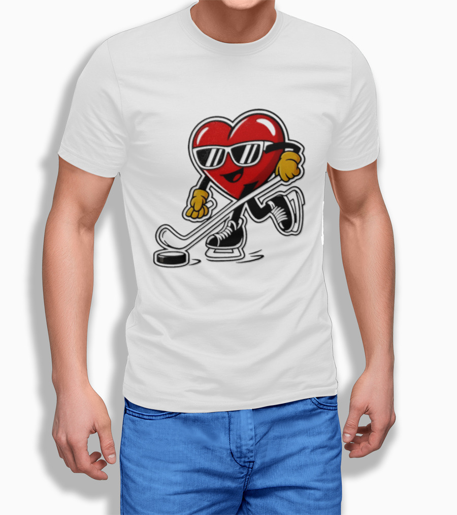 I Love Hockey Heart Character With Sunglasses And Stick T-Shirt