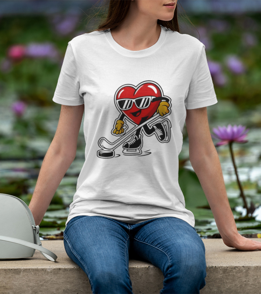 I Love Hockey Heart Character With Sunglasses And Stick T-Shirt