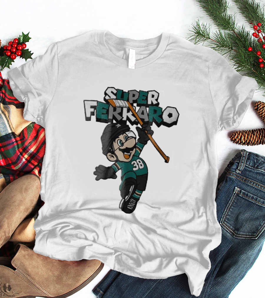 Super Ferraro Mario 38 Ice Hockey Player Jumping Stick Cartoon Caricature T-Shirt