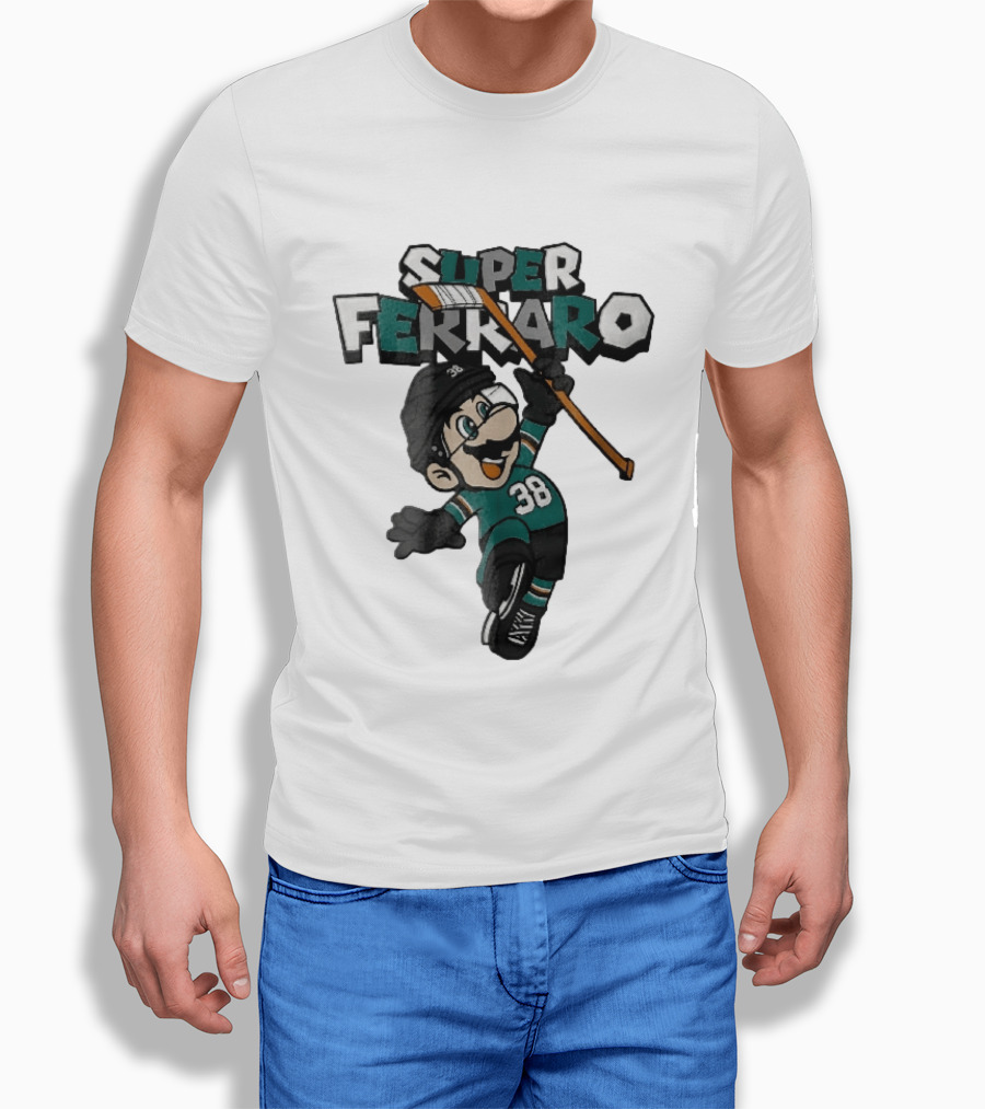 Super Ferraro Mario 38 Ice Hockey Player Jumping Stick Cartoon Caricature T-Shirt