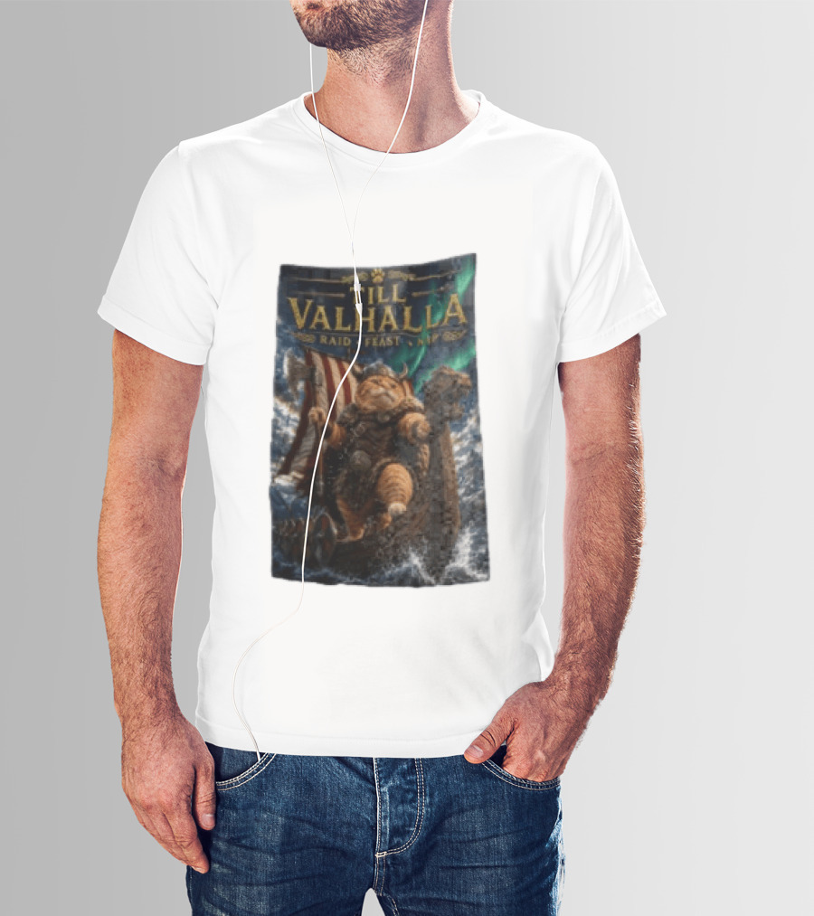 Till Valhalla Raid Feast Nap Viking Cat On Longship With Northern Lights T-Shirt