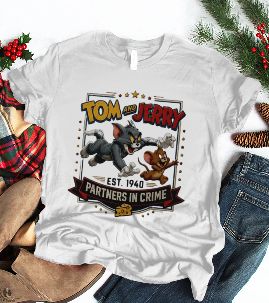 Tom And Jerry Partners In Crime Est 1940 Classic Cartoon Duo Adventure T-Shirt