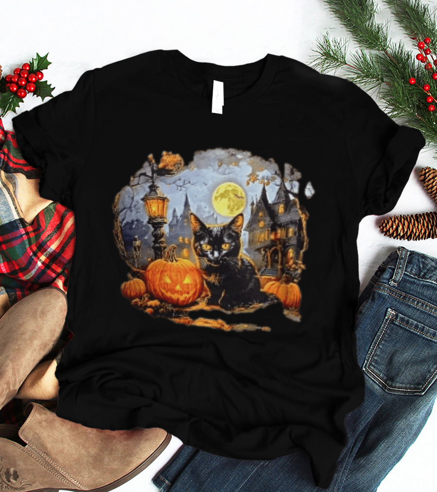 Black Cat Haunted House Pumpkin Full Moon Halloween Magic T-Shirt