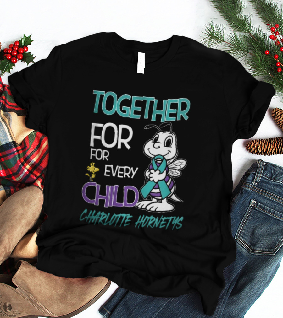 TOGETHER FOR EVERY CHILD Charlotte Hornets Cartoon Hornet Holding Ribbon Woodstock T-Shirt