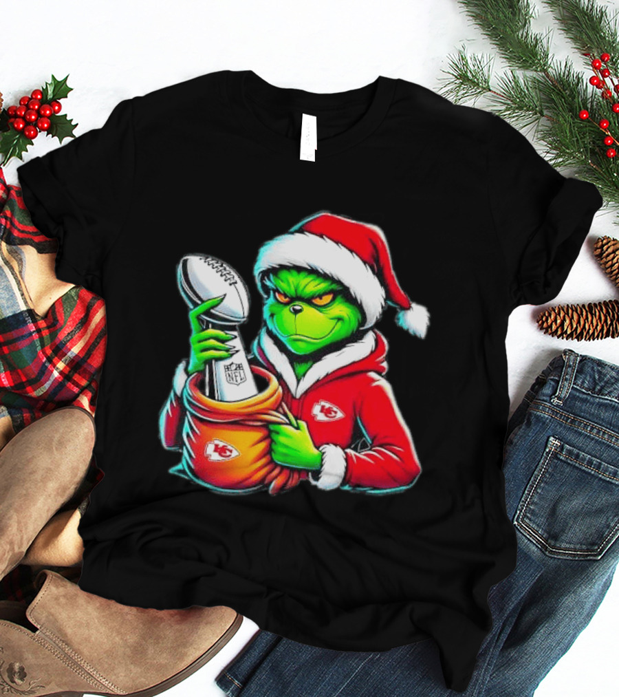Kansas City Chiefs Grinch Christmas Holiday NFL Trophy Santa Hat T-Shirt