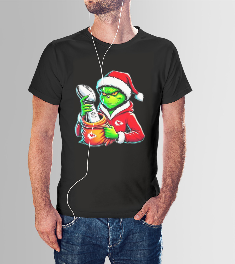 Kansas City Chiefs Grinch Christmas Holiday NFL Trophy Santa Hat T-Shirt