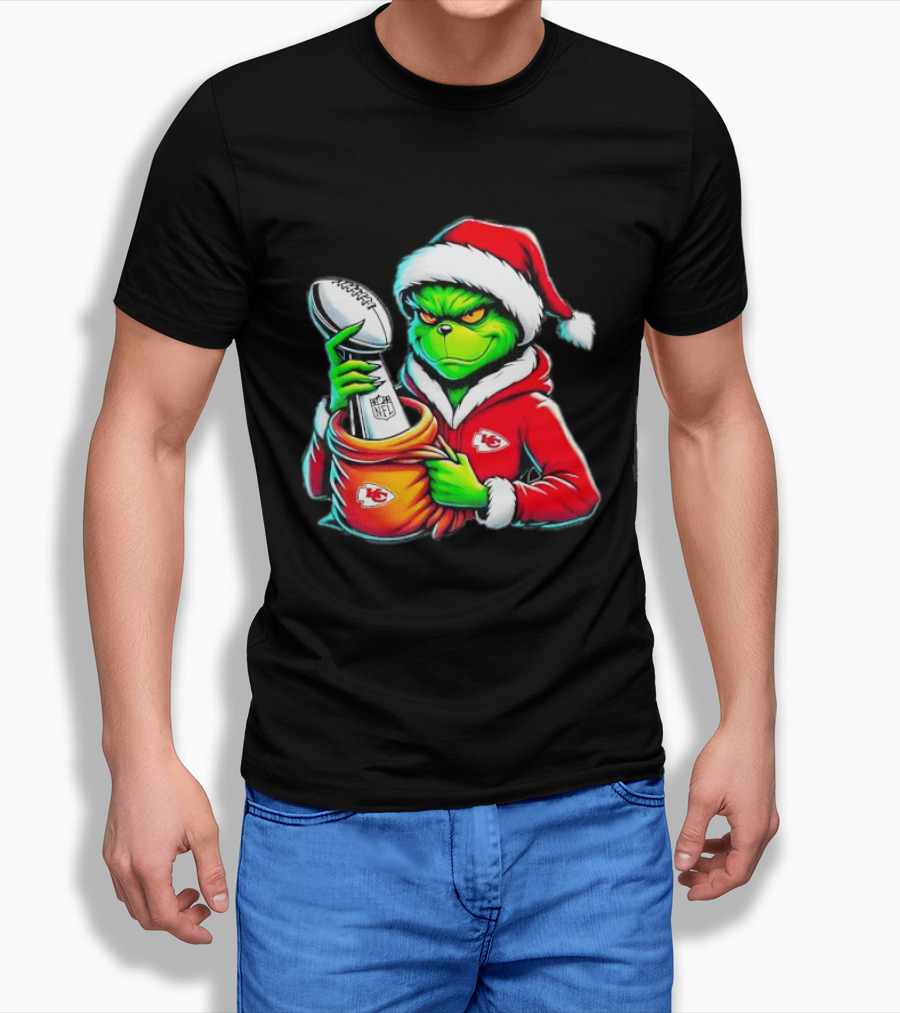 Kansas City Chiefs Grinch Christmas Holiday NFL Trophy Santa Hat T-Shirt