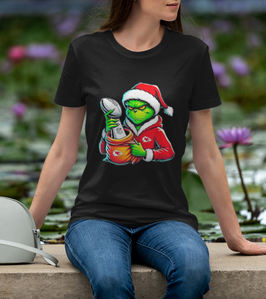 Kansas City Chiefs Grinch Christmas Holiday NFL Trophy Santa Hat T-Shirt