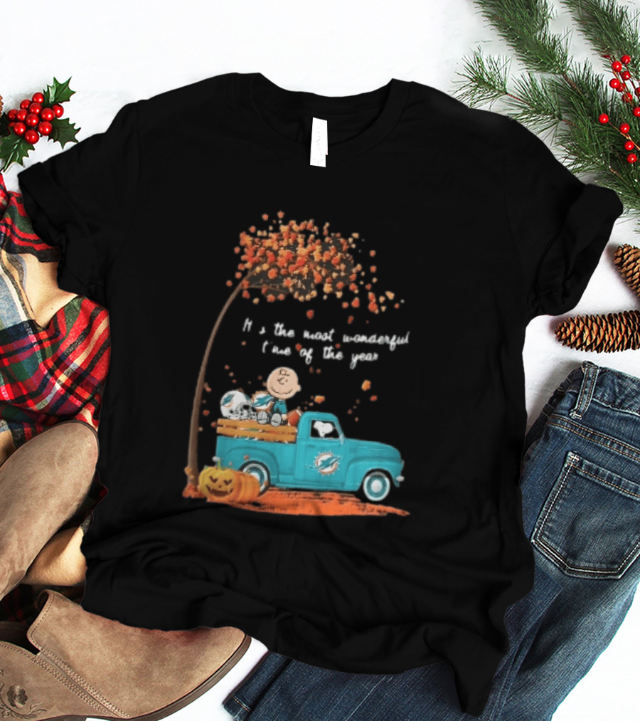 Miami Dolphins Charlie Brown Snoopy Pickup Truck Pumpkins Most Wonderful Time Of Year T-Shirt