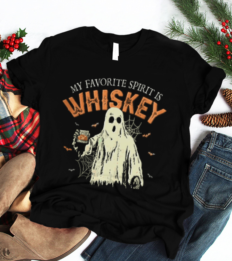 My Favorite Spirit Is Whiskey Ghost Holding Glass Bats Cobwebs Distressed T-Shirt