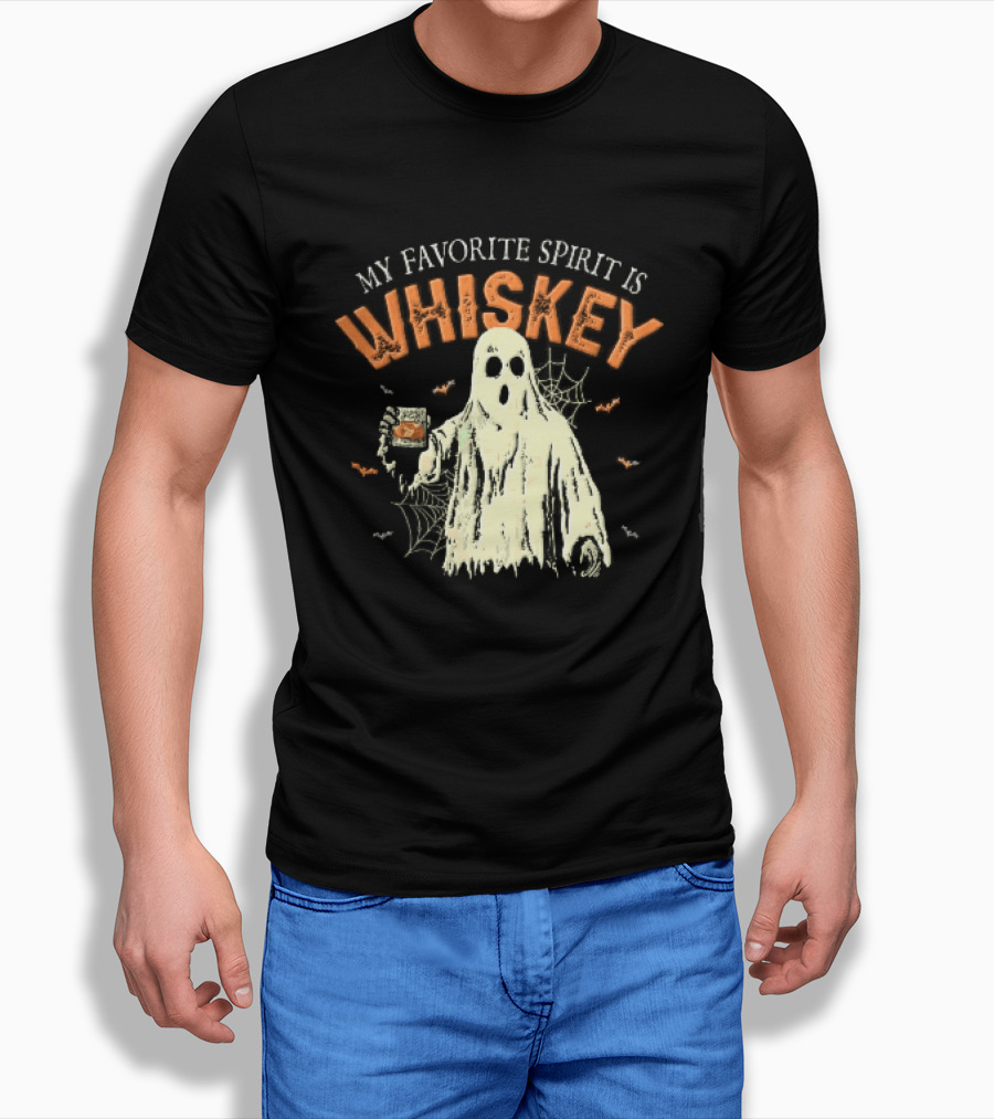 My Favorite Spirit Is Whiskey Ghost Holding Glass Bats Cobwebs Distressed T-Shirt
