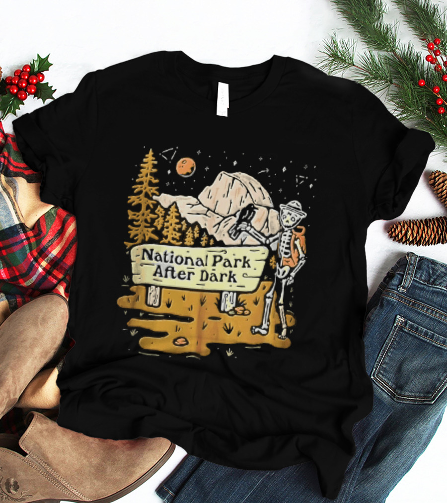 National Park After Dark Skeleton Ranger With Raven And Mountain Cartoons T-Shirt