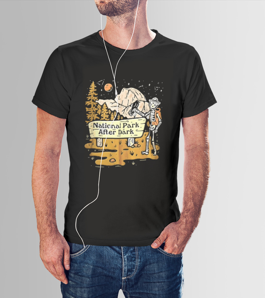 National Park After Dark Skeleton Ranger With Raven And Mountain Cartoons T-Shirt