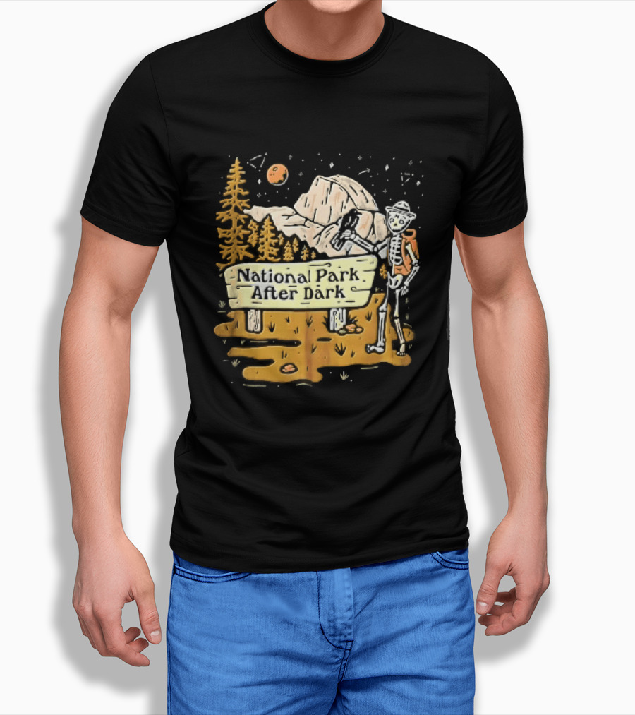 National Park After Dark Skeleton Ranger With Raven And Mountain Cartoons T-Shirt