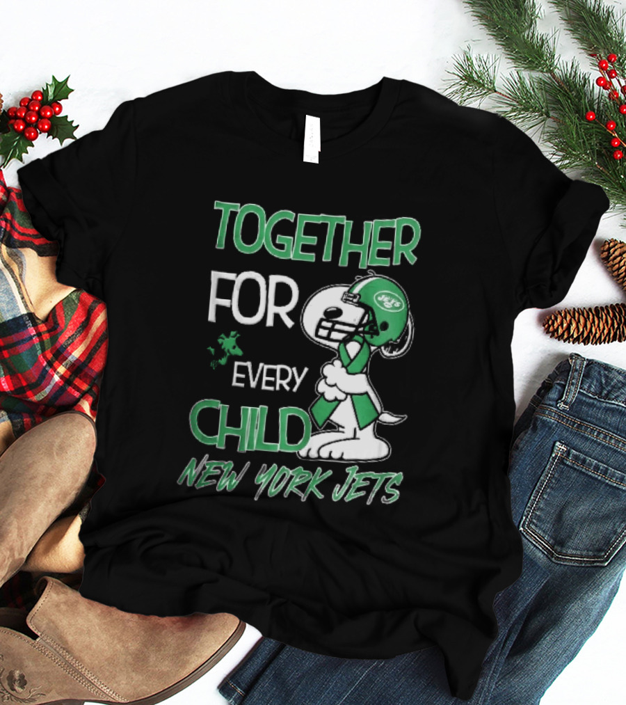 New York Jets Snoopy Woodstock Together For Every Child Football Helmet Green Ribbon T-Shirt